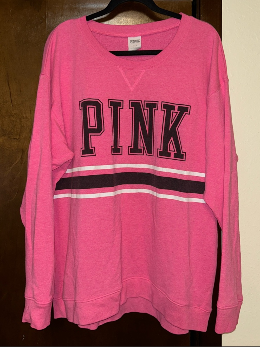 PINK Victoria's Secret Pink Crewneck Sweatshirt with Black & White Stripes Sz L